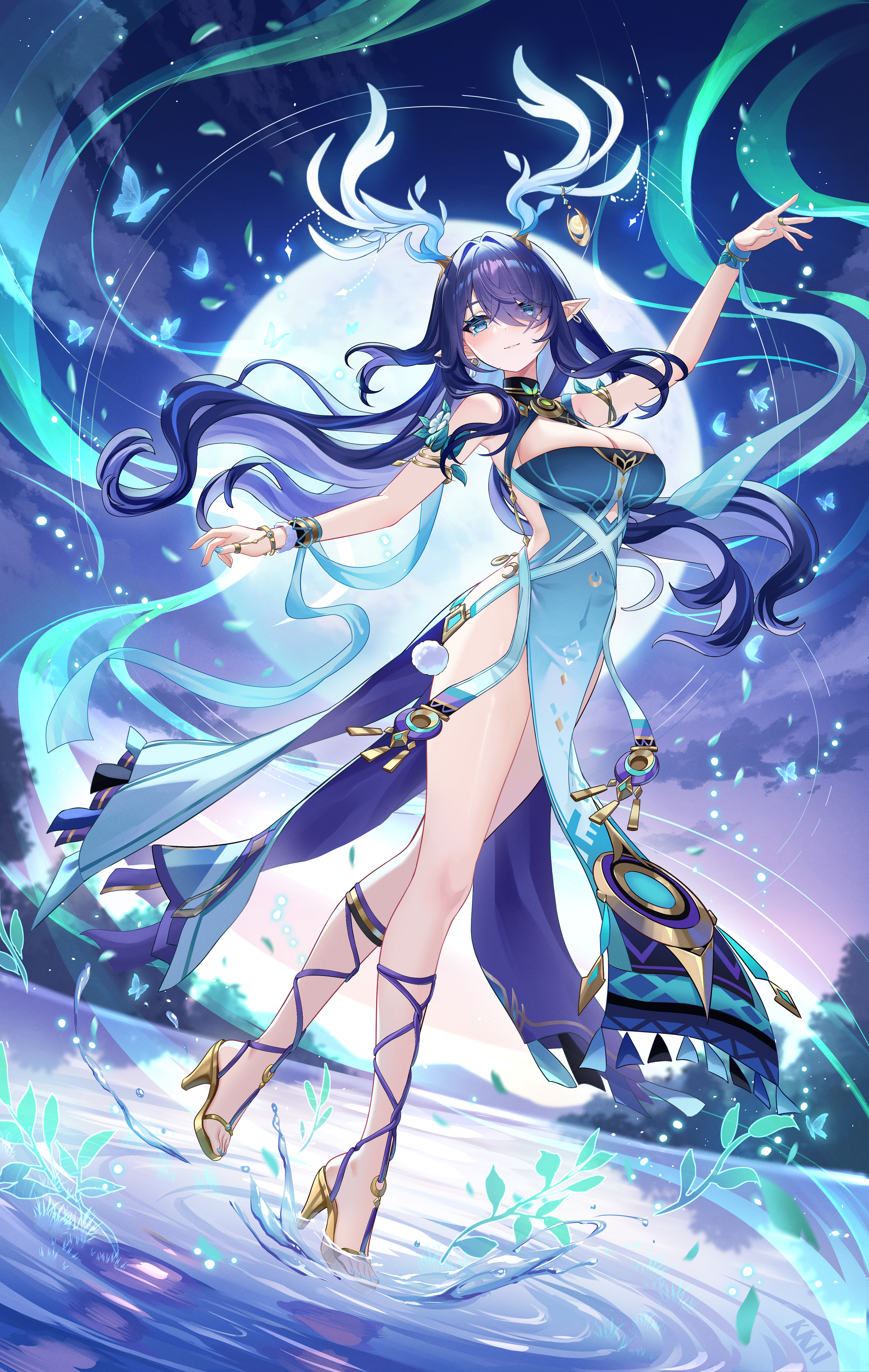 lalazyt, lauma (genshin impact), genshin impact, absurdres, highres, 1girl, antler ornament, antlers, aqua dress, arm up, bare shoulders, blue hair, breasts, closed mouth, colored inner hair, dancing, deer antlers, deer girl, dress, floating hair, full body, gold sandals, hair over one eye, high heels, highleg, highleg dress, horns, large breasts, long hair, looking at viewer, multicolored hair, outdoors, pointy ears, sandals, smile, solo, very long hair