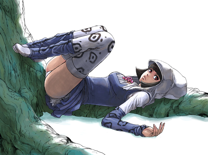 mahito (tranjistor), tranjistor, sugar mountain, jojo no kimyou na bouken, steel ball run, 1girl, female focus, hood, lying, on back, panties, red eyes, short hair, solo, thighhighs, tree, underwear