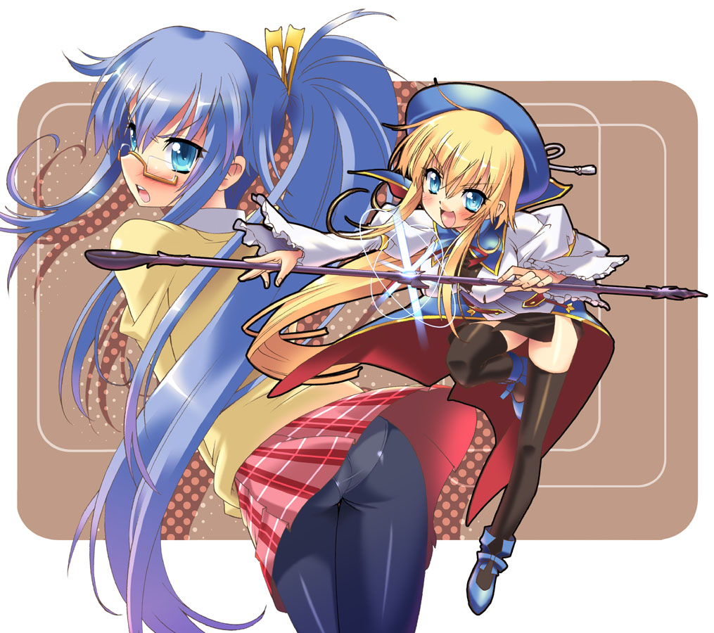 shinozuka atsuto, prima aspallas, yuuki nona, nanatsuiro drops, black legwear, 00s, 2girls, ass, blush, glasses, hair ornament, hat, multiple girls, panties, panties under pantyhose, pantyhose, pantyshot, plaid clothes, plaid skirt, school uniform, serafuku, skirt, thighhighs, underwear, zettai ryouiki