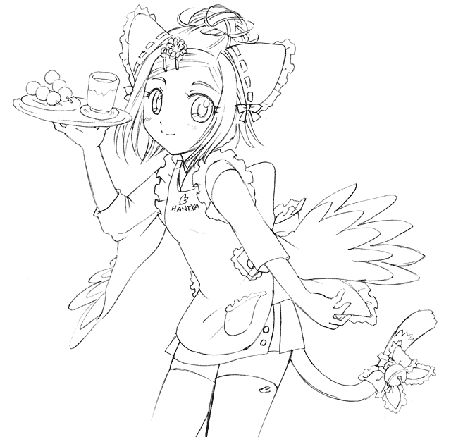 meineko, original, animal ears, cat ears, cat tail, greyscale, monochrome, solo, tail, thighhighs, waitress, zettai ryouiki