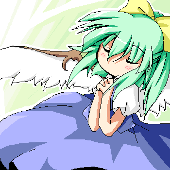 take tonbo, daiyousei, embodiment of scarlet devil, touhou, lowres, 1girl, alternate wings, blue dress, blush, bow, closed eyes, dress, female focus, green background, green hair, hair bow, oekaki, own hands clasped, own hands together, ponytail, solo, wings