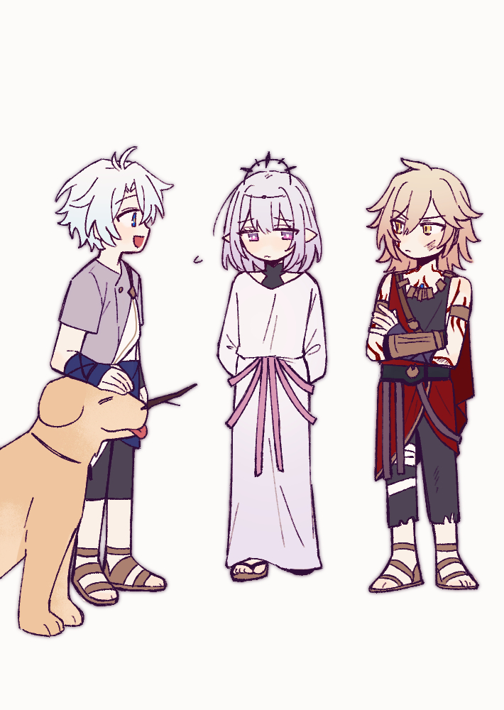 grottsca jo, castorice (honkai: star rail), mydei (a trail of bygone blood) (honkai: star rail), mydei (honkai: star rail), phainon (a dream scented in wheat) (honkai: star rail), phainon (honkai: star rail), honkai: star rail, honkai (series), 1girl, 2boys, aged down, animal, black pants, black shirt, blonde hair, blue eyes, branch, dog, grey shirt, holding, holding branch, medium hair, multiple boys, pants, purple eyes, purple hair, robe, shirt, short hair, short sleeves, simple background, sleeveless, sleeveless shirt, twig, white hair, white robe, yellow eyes