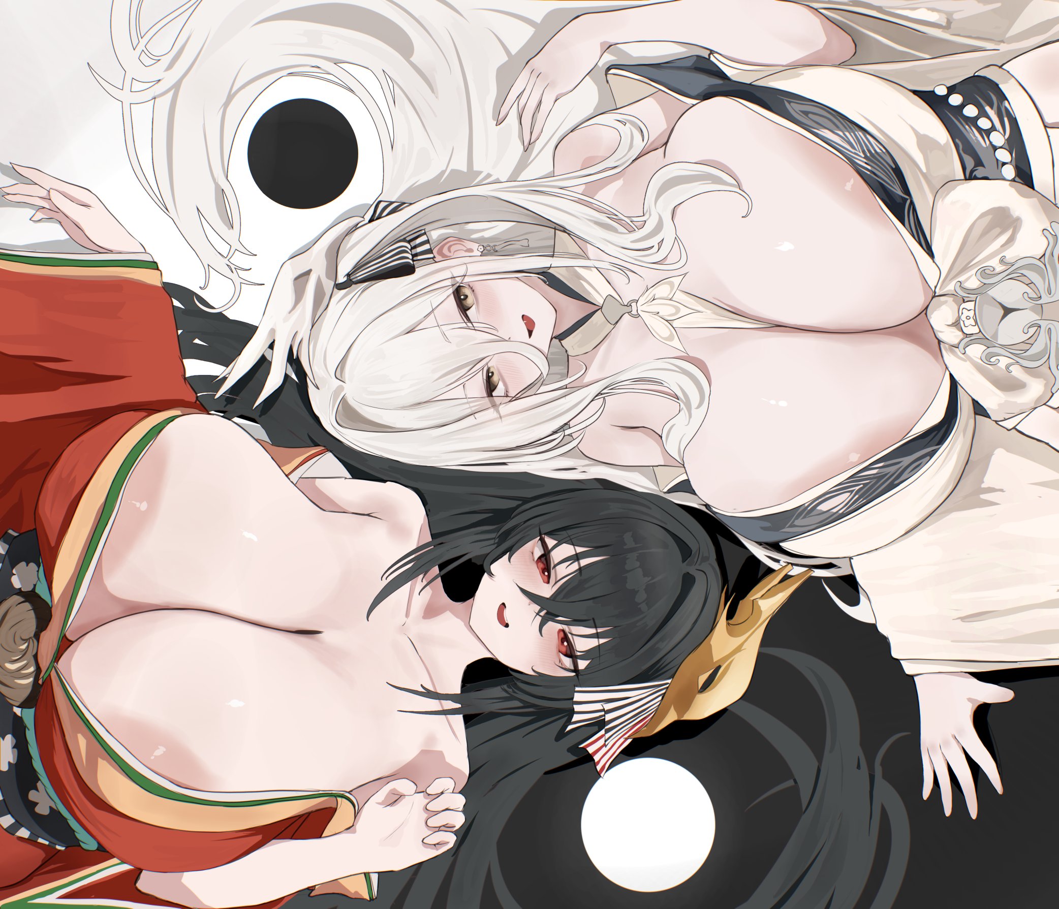 hth5k, hakuhou (azur lane), taihou (azur lane), azur lane, highres, 2girls, ahoge, bare shoulders, black hair, breasts, cleavage, collarbone, hair intakes, huge breasts, japanese clothes, kimono, long hair, looking at viewer, multiple girls, red eyes, very long hair, white hair, yellow eyes