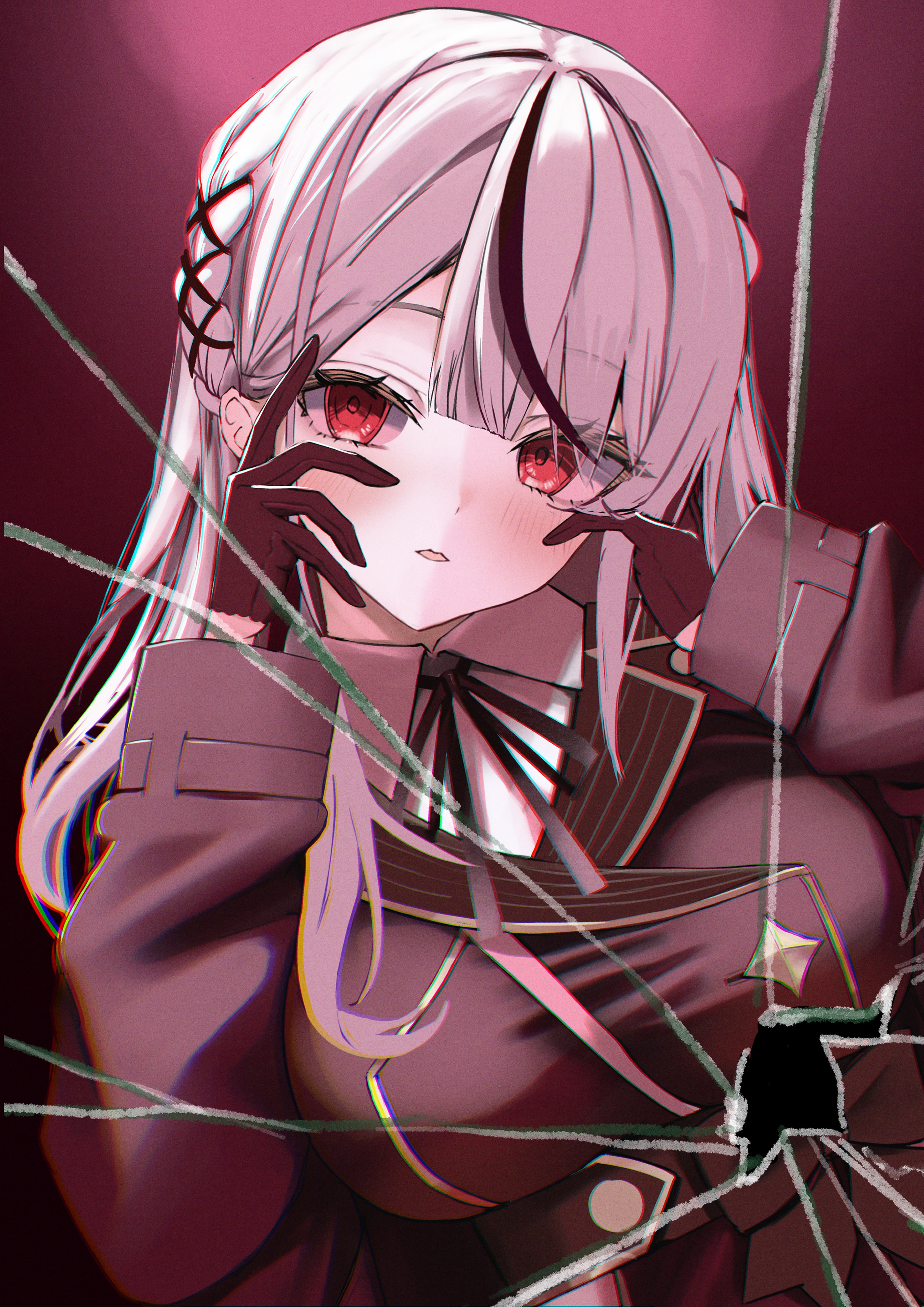 arale (ara1e), amagai ruka, weather planet, absurdres, highres, 1girl, blush, crack, cracked glass, dress shirt, gloves, hair ornament, hairclip, long hair, looking at viewer, monochrome, multicolored hair, open mouth, red eyes, shirt, solo, streaked hair