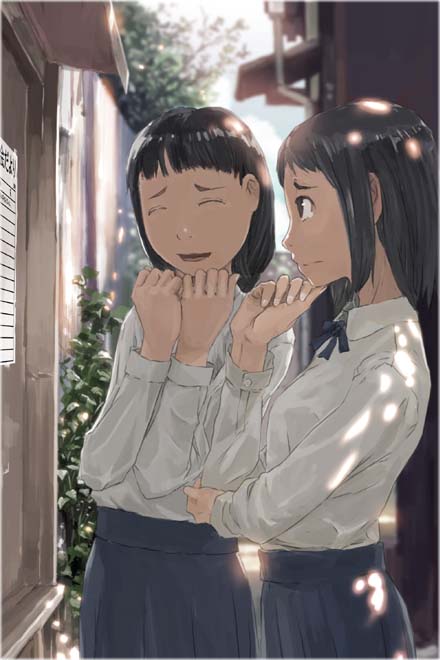 teikoku shounen, original, 2girls, black hair, closed eyes, cloud, day, multiple girls, necktie, reading, school uniform, serafuku, sky, tree