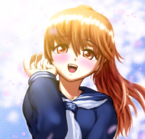 ebina souichi, kasumi (doa), dead or alive, tecmo, blush, brown eyes, brown hair, cherry blossoms, long hair, school uniform, serafuku, solo