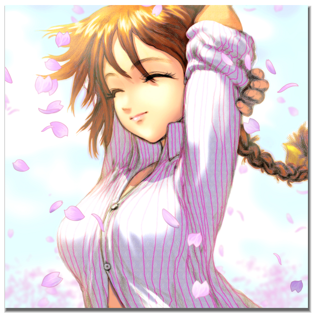 ebina souichi, kasumi (doa), dead or alive, tecmo, 1girl, arms behind head, arms up, braid, closed eyes, eyelashes, female focus, orange hair, petals, shirt, sleeves pushed up, solo