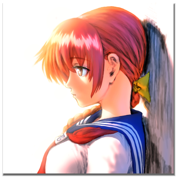 ebina souichi, kasumi (doa), dead or alive, tecmo, hair ribbon, orange eyes, orange hair, ribbon, school uniform, serafuku, solo