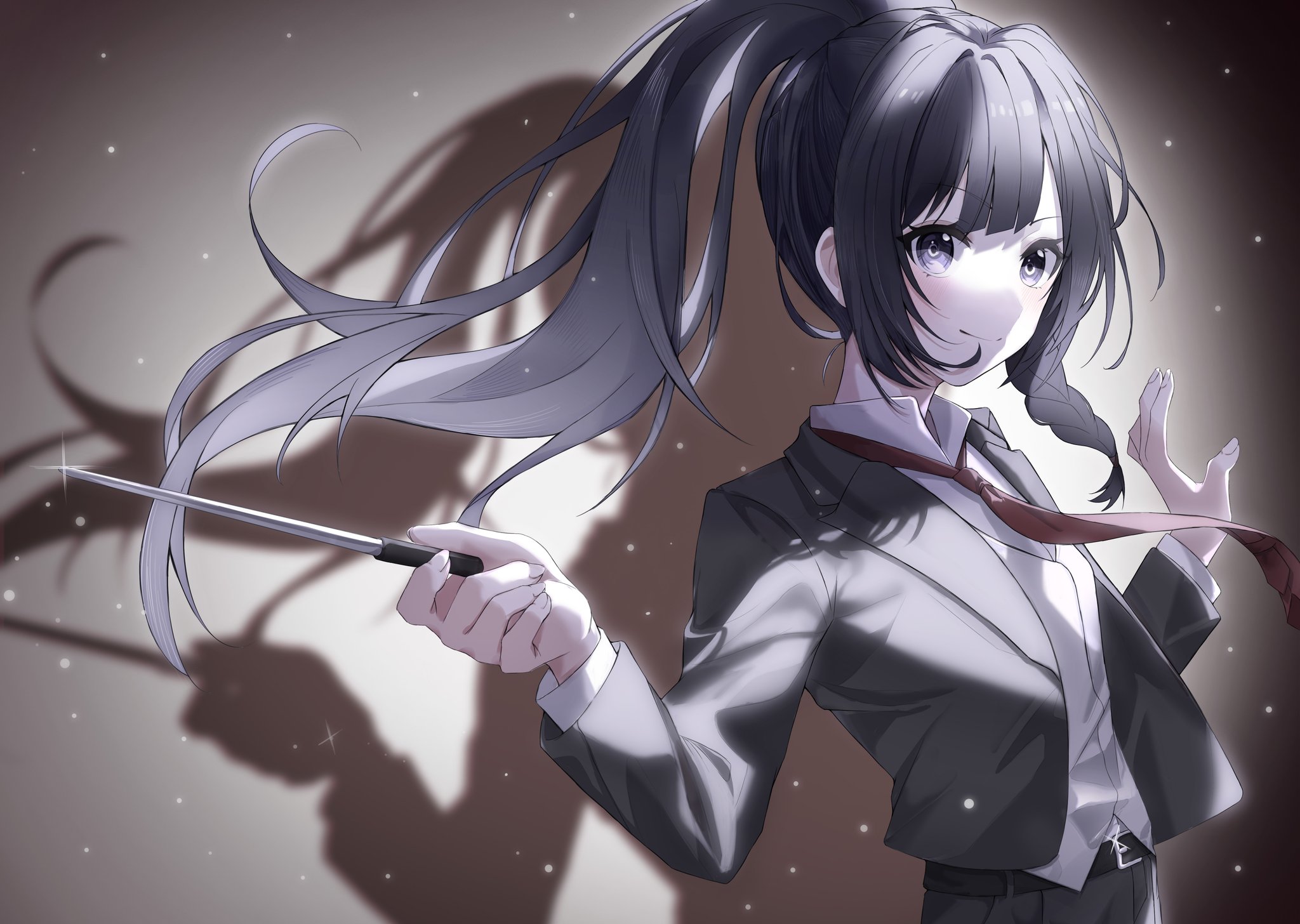 ran 78, heroine (lovebrush chronicles), lovebrush chronicles, highres, >:), 1girl, belt, belt buckle, black belt, black hair, black jacket, black pants, black suit, blunt bangs, braid, buckle, closed mouth, collared shirt, conductor baton, cropped jacket, formal clothes, glint, hands up, high ponytail, holding, holding baton, holding wand, jacket, lapels, light particles, long hair, looking at viewer, necktie, notched lapels, open clothes, open jacket, pant suit, pants, ponytail, popped collar, purple eyes, red necktie, shadow, shirt, side braid, sideways glance, smile, spotlight, suit, suit jacket, upper body, v-shaped eyebrows, wand, white shirt