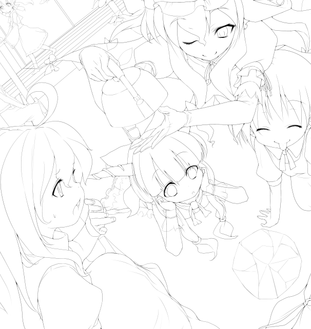 buriki, cirno, hakurei reimu, ibuki suika, kirisame marisa, yakumo yukari, touhou, 6+girls, :o, ;), ^ ^, ahoge, bow, closed eyes, dress, elbow gloves, female focus, from above, gap (touhou), gloves, greyscale, hair bow, hairband, hat, horns, ice, kettle, lineart, long hair, lying, mob cap, monochrome, multiple girls, on stomach, one eye closed, pouring, puffy short sleeves, puffy sleeves, short sleeves, smile, tongue, tongue out, water, wristband