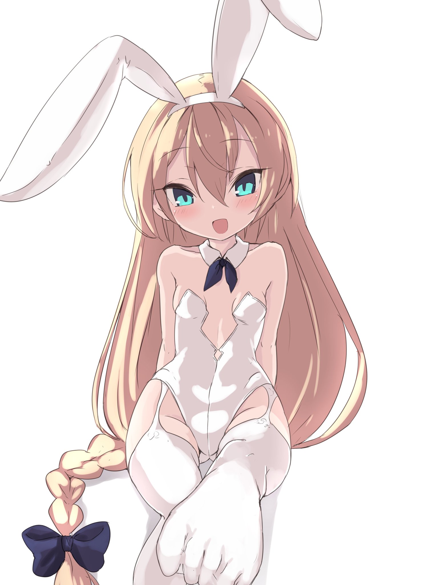 armadillon, valkyrie (eco), emil chronicle online, highres, 1girl, animal ear hairband, animal ears, black bow, black ribbon, blonde hair, bow, braid, bunny day, cleavage cutout, clothing cutout, collar, fake animal ears, feet, foot focus, garter straps, green eyes, hairband, leotard, long hair, open mouth, rabbit ear hairband, rabbit ears, ribbon, solo, strapless, strapless leotard, thighhighs, white background, white collar, white hairband, white leotard, white thighhighs