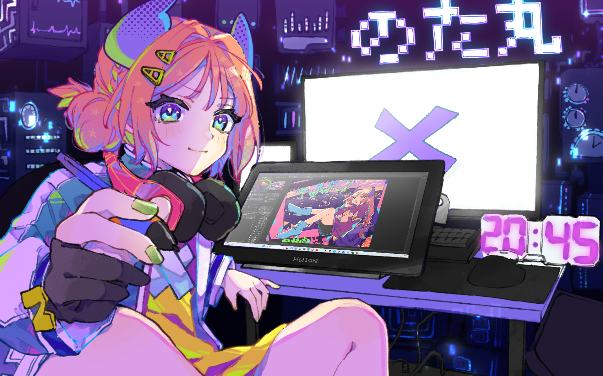 notamaru 2, huion, microsoft windows, original, windows 11, commentary request, highres, 1girl, ako-chan (notamaru 2), black gloves, blue shirt, blush stickers, closed mouth, computer keyboard, drawing tablet, feet out of frame, gloves, green eyes, green nails, headphones, headphones around neck, indoors, long sleeves, monitor, nail polish, partially fingerless gloves, pink hair, shirt, short hair, single glove, sitting, smile, solo