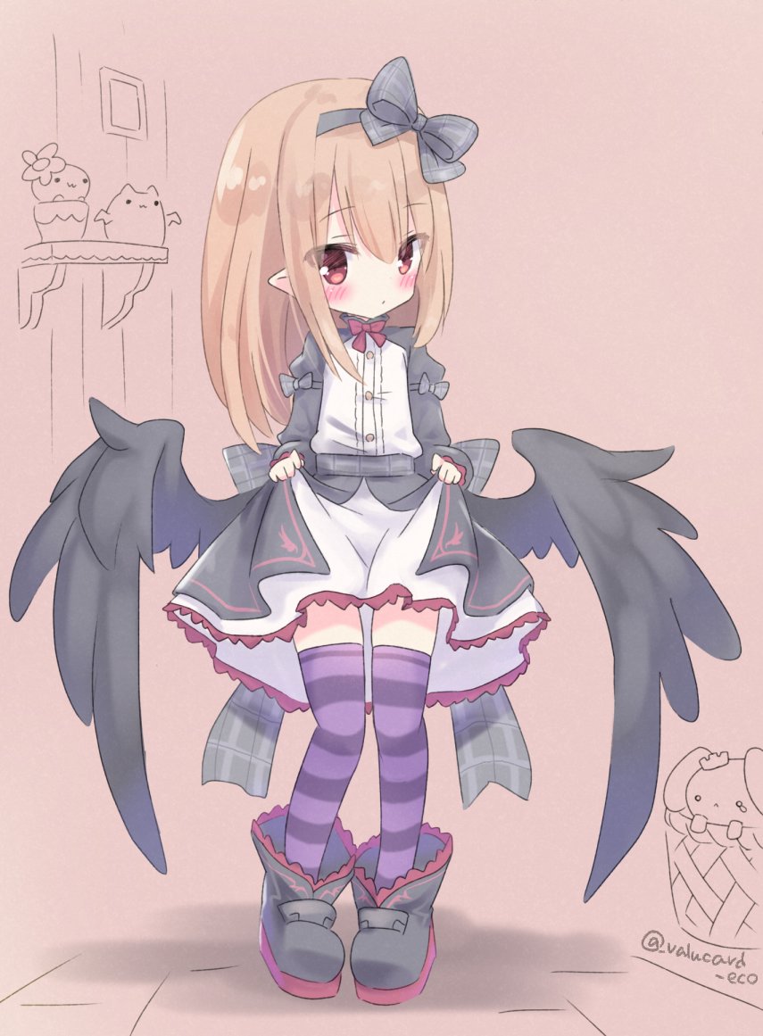 dark feather alma, emil chronicle online, black boots, black dress, black hairband, black ribbon, black wings, blonde hair, blush, boots, brown background, dress, hair ribbon, hairband, long hair, pointy ears, purple thighhighs, red eyes, ribbon, skirt hold, standing, striped clothes, striped thighhighs, thighhighs, thighs, two-tone dress, valucard eco, white dress, wings