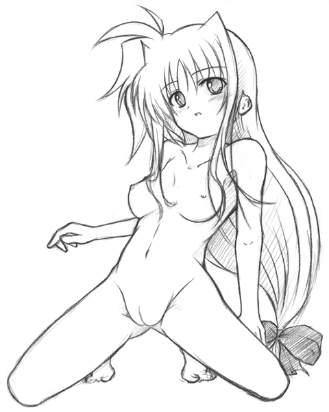 kunon, fate testarossa, lyrical nanoha, mahou shoujo lyrical nanoha, mahou shoujo lyrical nanoha strikers, 00s, 1girl, female focus, greyscale, long hair, low-tied long hair, monochrome, nipples, nude, pussy, solo, uncensored