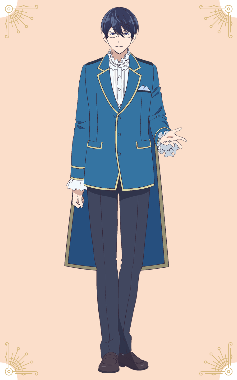 shiwasu takashi, shinoji ryuga, kinsou no vermeil, highres, official art, 1boy, anime coloring, black hair, brown shoes, closed mouth, collared shirt, dress shoes, full body, glasses, green jacket, grey pants, hair between eyes, handkerchief in pocket, jacket, long sleeves, looking at viewer, open hand, orange background, pants, shirt, shoes, short hair, simple background, socks, solo, spread fingers, standing, tachi-e, white shirt, white socks