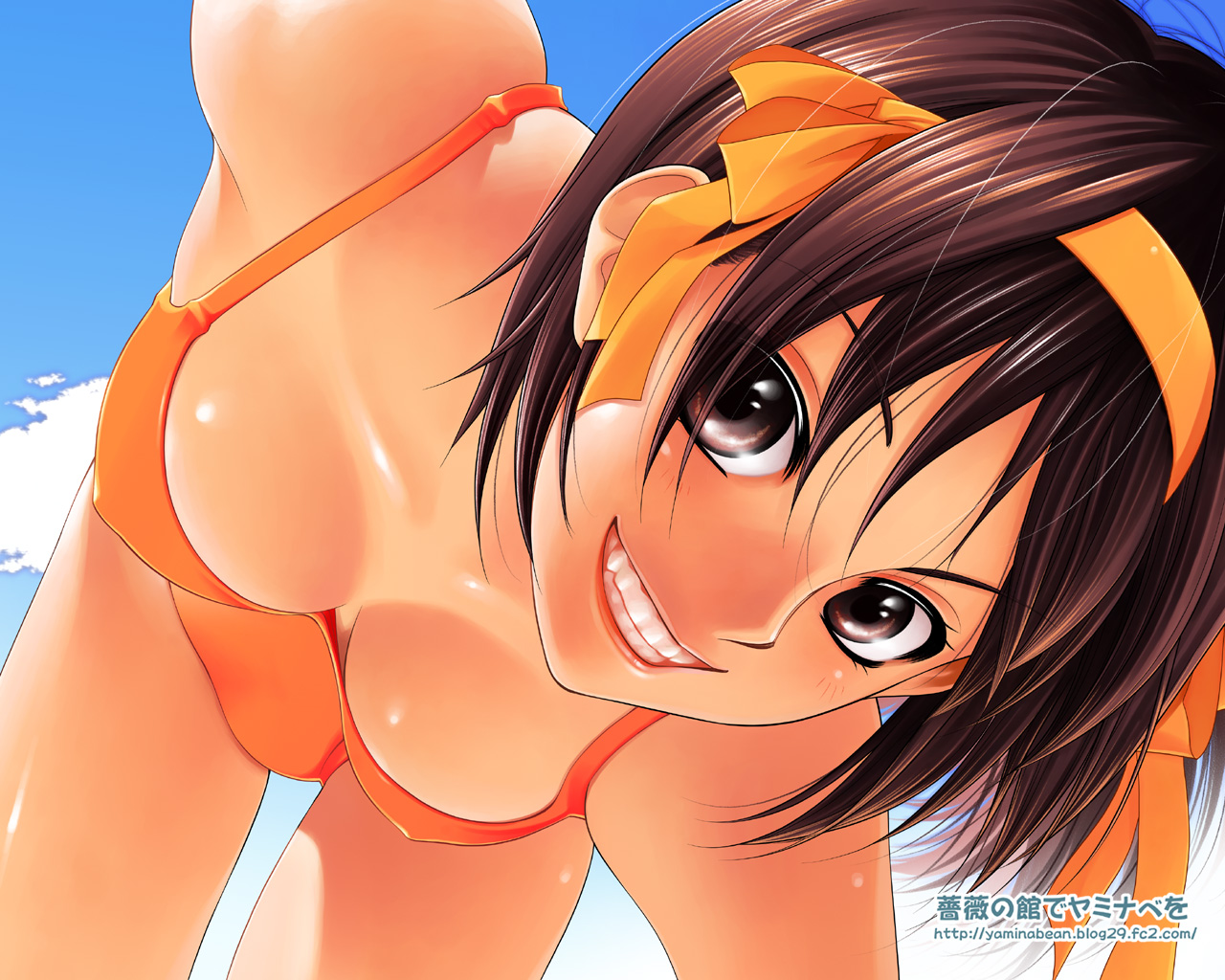 mami akira, suzumiya haruhi, suzumiya haruhi no yuuutsu, 00s, 1girl, bare shoulders, bent over, bikini, breasts, brown eyes, brown hair, cleavage, close-up, collarbone, creepy, day, female focus, fourth wall, grin, hairband, horror (theme), looking at viewer, medium breasts, orange bikini, short hair, smile, solo, swimsuit, teeth
