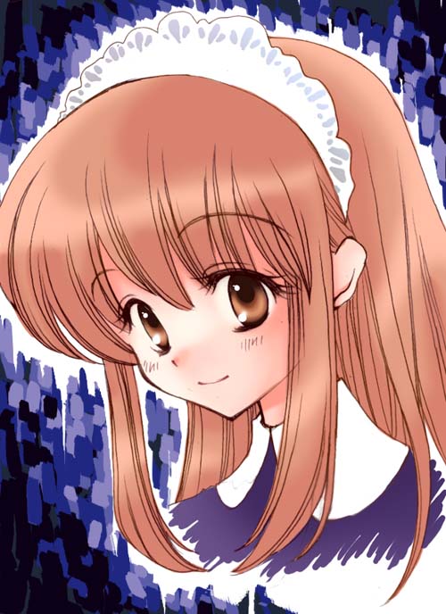 tuki, asahina mikuru, suzumiya haruhi no yuuutsu, 00s, 1girl, brown eyes, brown hair, female focus, maid, maid headdress, portrait, smile, solo