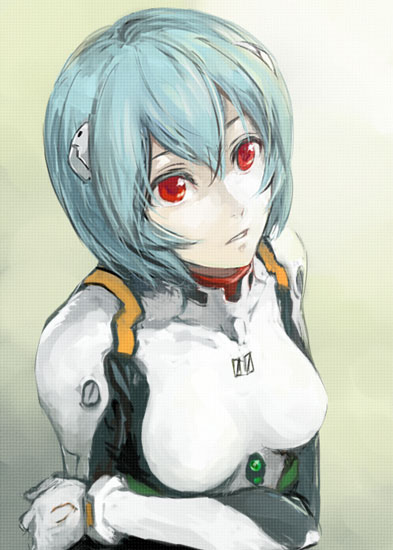 kurosuke (nora), ayanami rei, kurosuke shiro, neon genesis evangelion, 1girl, blue hair, female focus, interface headset (evangelion), mecha pilot suit, pale skin, plugsuit (evangelion), red eyes, short hair, solo