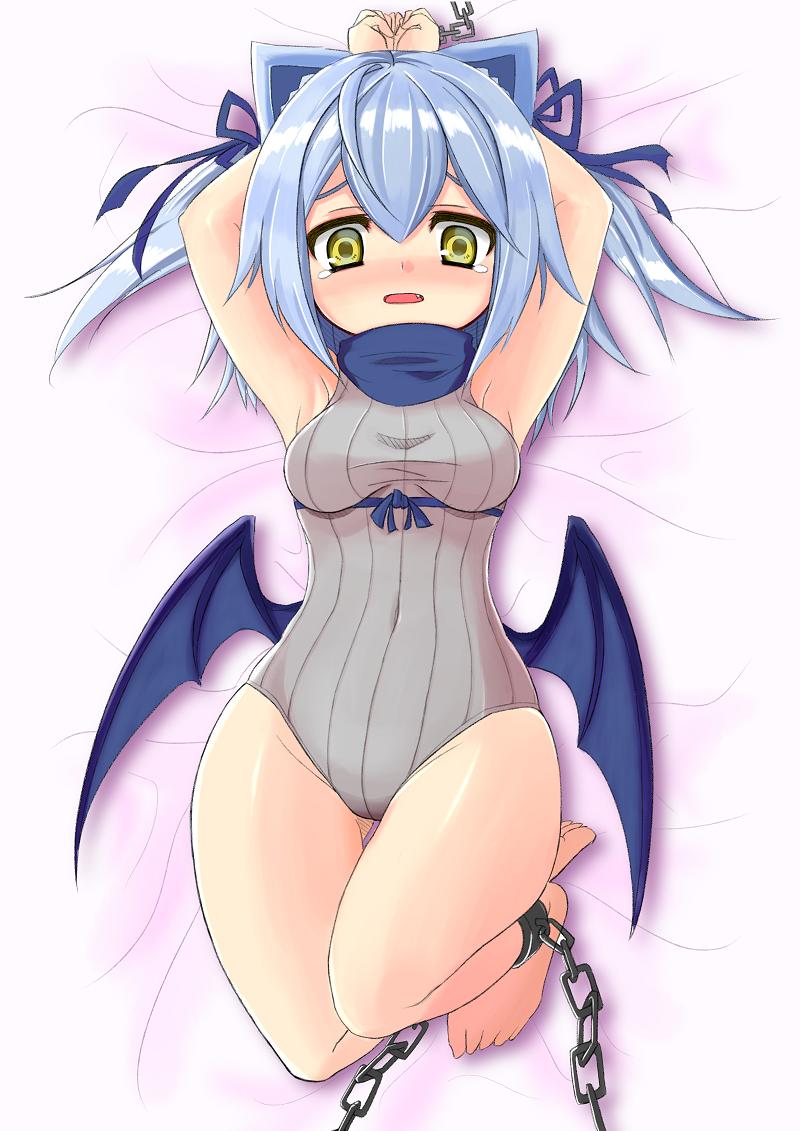 emil chronicle online, 1girl, animal ears, armpits, arms up, bat ears, bat wings, bdsm, blue bow, blue hair, blue ribbon, blue scarf, blue wings, blush, bondage, bound, bow, breasts, brown leotard, covered navel, cuffs, delucky alma, hair bow, handcuffs, leotard, looking at viewer, medium breasts, noradorafan, nose blush, on bed, open mouth, raised inner eyebrows, red eyes, ribbon, scarf, solo, tearing up, two side up, wings