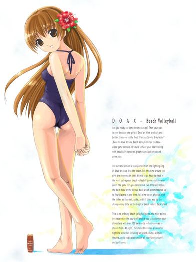 mikazuki akira!, kasumi (doa), dead or alive, tecmo, ass, barefoot, brown eyes, brown hair, flower, long hair, one-piece swimsuit, solo, swimsuit, white background