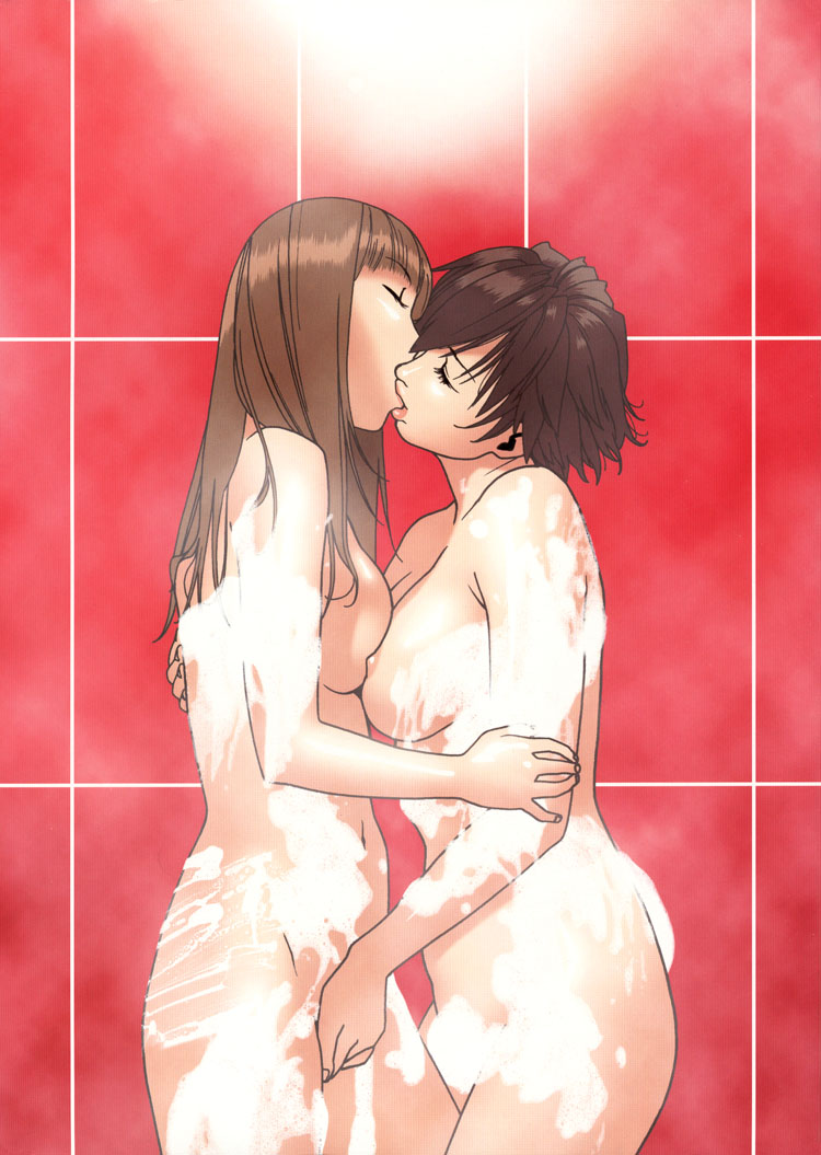 kishi torajirou, maka-maka, maka maka (manga), 2girls, breast press, breasts, fingering, kiss, large breasts, medium breasts, multiple girls, nipples, nude, soap bubbles, symmetrical docking, yuri