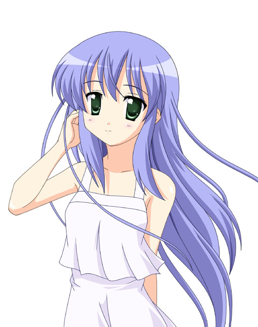 chobi (angel), izumi kanata, lucky star, 00s, 1girl, adjusting hair, bare shoulders, blue hair, dress, facing viewer, female focus, green eyes, long hair, looking at viewer, simple background, sleeveless, sleeveless dress, smile, solo, upper body, very long hair, white background
