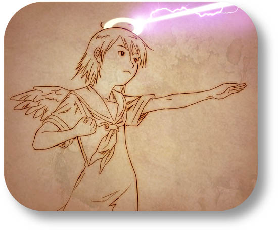 aaru sentou shuudan, rakka (haibane renmei), dennou coil, haibane renmei, 1girl, brown theme, crossover, female focus, halo, monochrome, parody, rounded corners, solo, spot color, static cling, wings
