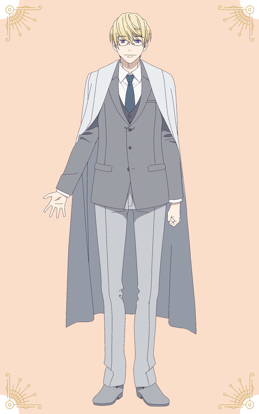 shiwasu takashi, kinsou no vermeil, highres, official art, 1boy, anime coloring, blonde hair, clenched hand, cloak, closed mouth, collared shirt, dress shoes, formal clothes, glasses, green necktie, grey jacket, grey shoes, grey suit, grey vest, hair between eyes, jacket, long sleeves, looking at viewer, necktie, obsidian (kinsou no vermeil), open hand, orange background, pants, purple eyes, shirt, shoes, short hair, simple background, smile, solo, spread fingers, standing, suit, suit jacket, tachi-e, ull body, vest, white cloak, white pants, white shirt