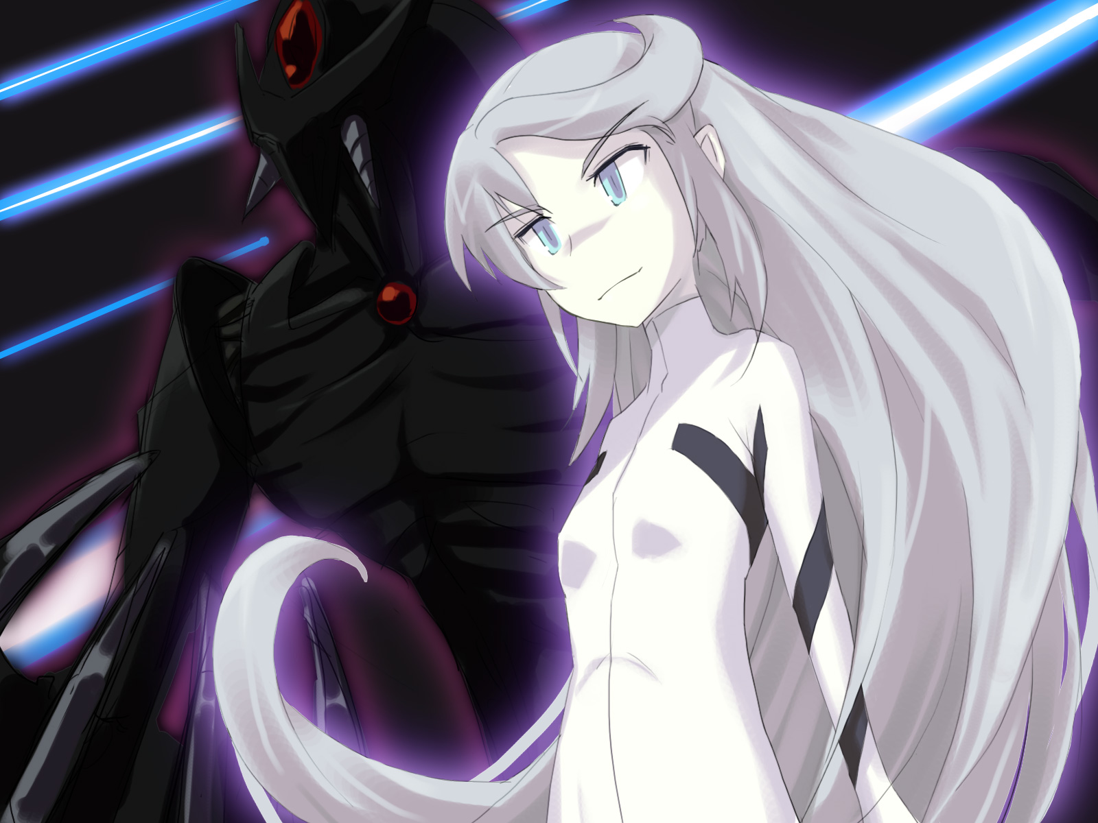 fuchuu, kerbius, yuti ra, heroic age, silver hair, highres, 00s, blue eyes, bodysuit, flat chest, long hair, solo, very long hair