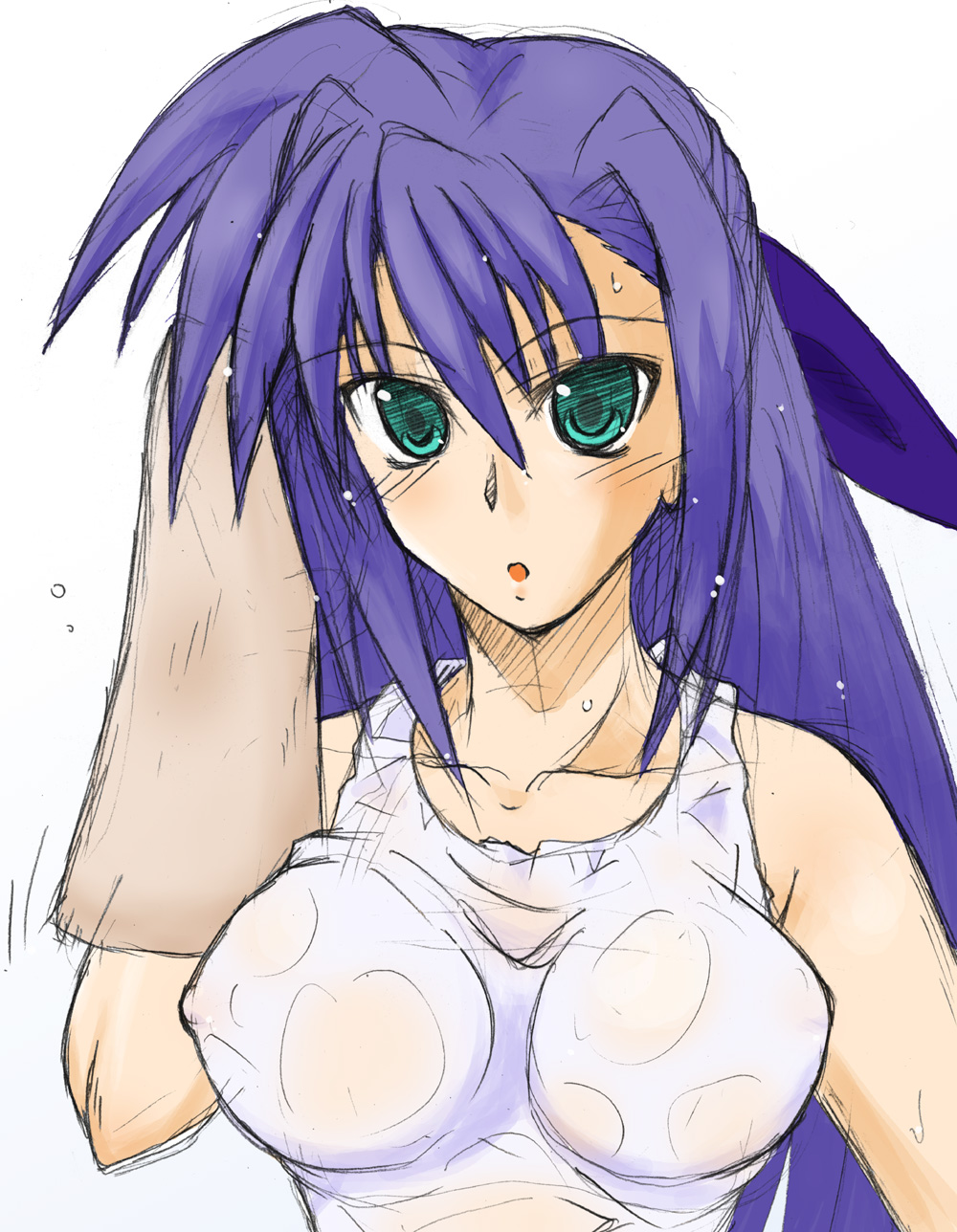 tatsuki yuuta, ginga nakajima, lyrical nanoha, mahou shoujo lyrical nanoha, mahou shoujo lyrical nanoha strikers, highres, 00s, 1girl, :o, blue hair, breasts, drying, drying hair, drying own hair, female focus, green eyes, holding, impossible clothes, large breasts, long hair, looking at viewer, open mouth, see-through clothes, shirt, simple background, sleeveless, solo, tank top, towel, upper body, very long hair, wet, wet clothes, wet shirt, white background, white shirt