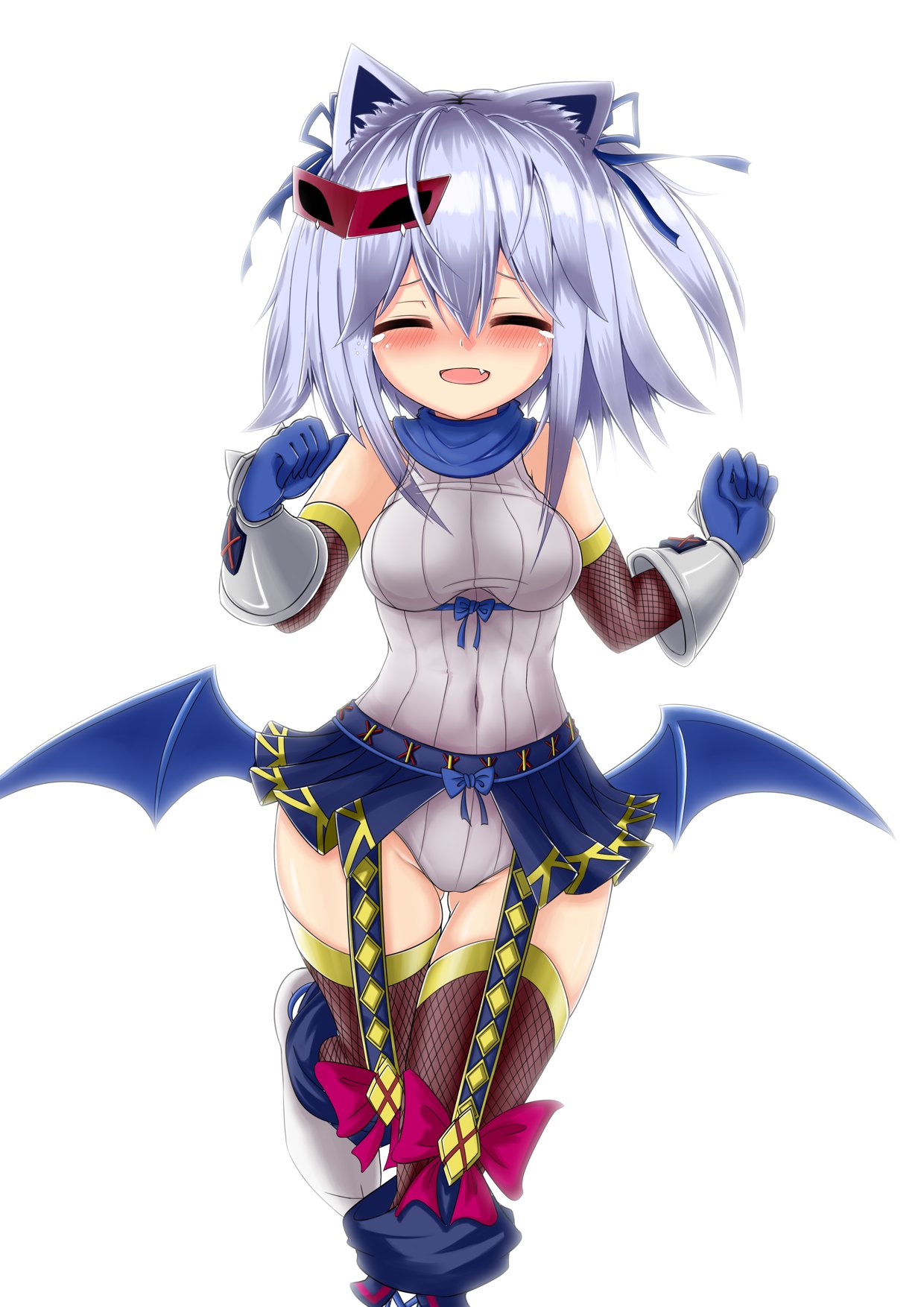 emil chronicle online, highres, 1girl, animal ears, arm guards, bat ears, bat wings, blue bow, blue cloak, blue eyes, blue gloves, blue skirt, blue socks, blush, bow, breasts, cloak, closed eyes, covered navel, delucky alma, fang, fishnet gloves, fishnet thighhighs, fishnets, garter straps, gloves, gluteal fold, grey leotard, hair bow, happy tears, large breasts, leotard, mask, mask on head, noradorafan, nose blush, open mouth, shoes, skirt, socks, solo, tearing up, tears, thighhighs, two side up, white background, white shoes, wings