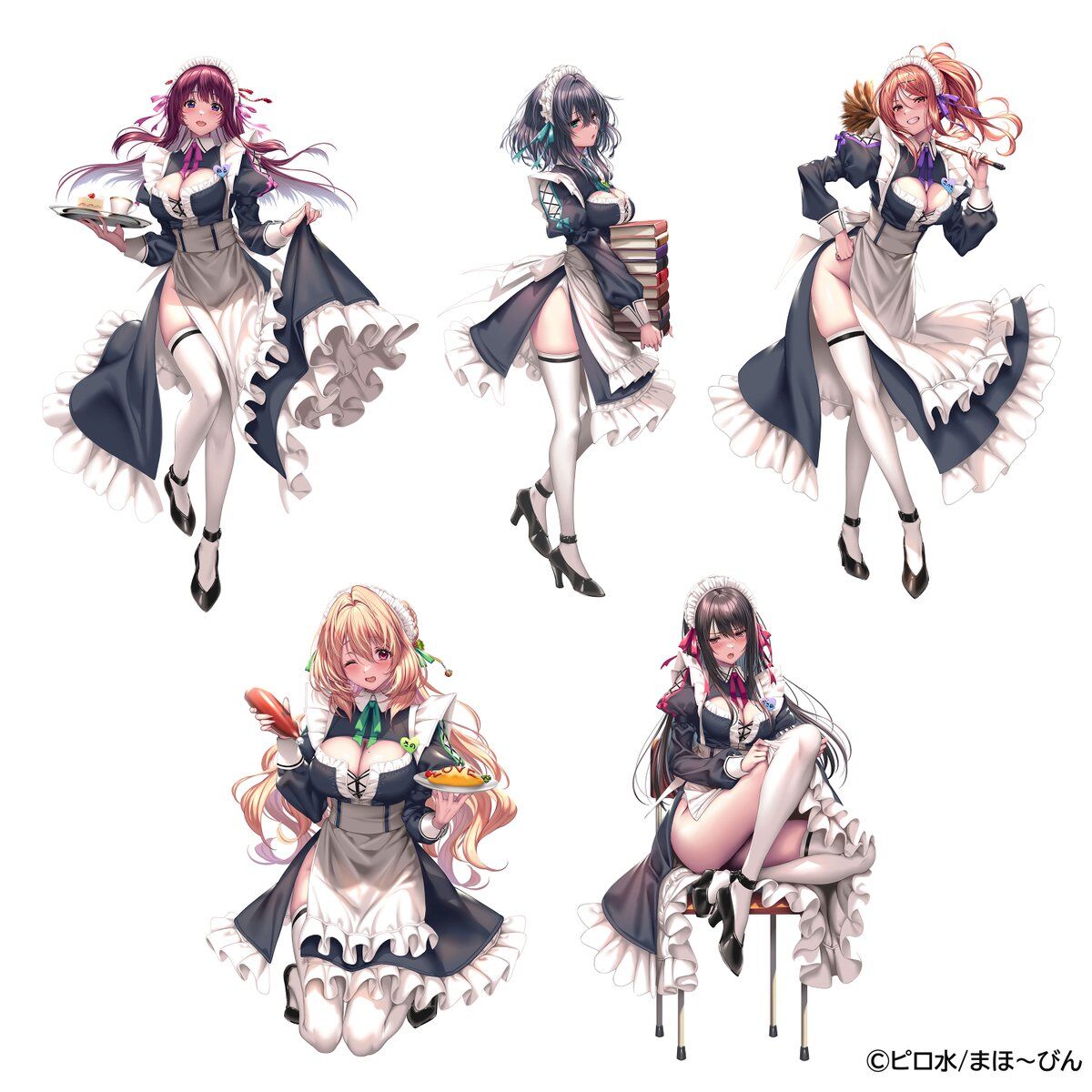 piromizu, promotional art, 5girls, apron, black hair, blonde hair, blue eyes, blush, book, breasts, brown hair, chair, cleavage cutout, clothing cutout, dress, duster, food, full body, has a figure, high heels, huge breasts, ketchup bottle, kneeling, large breasts, long hair, maid, maid headdress, medium breasts, multiple girls, omelet, one eye closed, open mouth, ponytail, purple eyes, purple hair, red eyes, red hair, serious, shoes, sitting, smile, thighhighs, white background