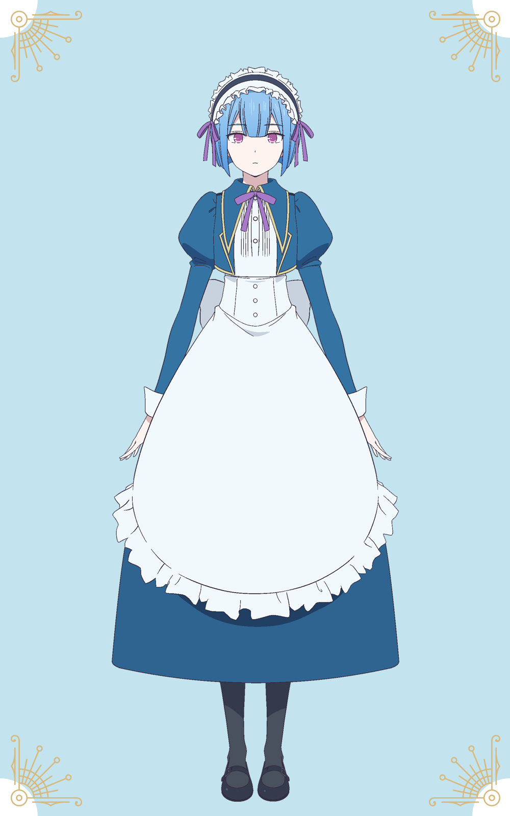 shiwasu takashi, cheryl iridescence, kinsou no vermeil, highres, official art, 1girl, anime coloring, apron, black pantyhose, black shoes, blue background, blue hair, breasts, closed mouth, dress, frilled apron, frills, full body, green sailor collar, juliet sleeves, long sleeves, looking at viewer, maid, maid apron, maid headdress, mary janes, medium breasts, pantyhose, puffy long sleeves, puffy sleeves, purple eyes, purple ribbon, ribbon, sailor collar, shoes, short hair, simple background, solo, standing, tachi-e, two-tone dress, waist apron, white apron