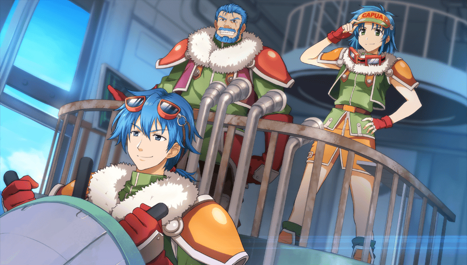 josette capua, eiyuu densetsu, sora no kiseki, game cg, official art, third-party source, 1girl, 2boys, armor, beard, belt, blue eyes, blue facial hair, blue hair, closed mouth, curtained hair, don capua, facial hair, fingerless gloves, full body, fur trim, gloves, goggles, goggles around neck, goggles on head, green eyes, green shirt, green vest, grin, hair between eyes, hand on own hip, kyle capua, leather, leather gloves, looking to the side, medium hair, multiple boys, mustache, open clothes, open vest, orange skirt, parted bangs, red gloves, scar, shirt, short hair, shoulder armor, skirt, sleeveless, sleeveless shirt, smile, steering wheel, vest, visor cap