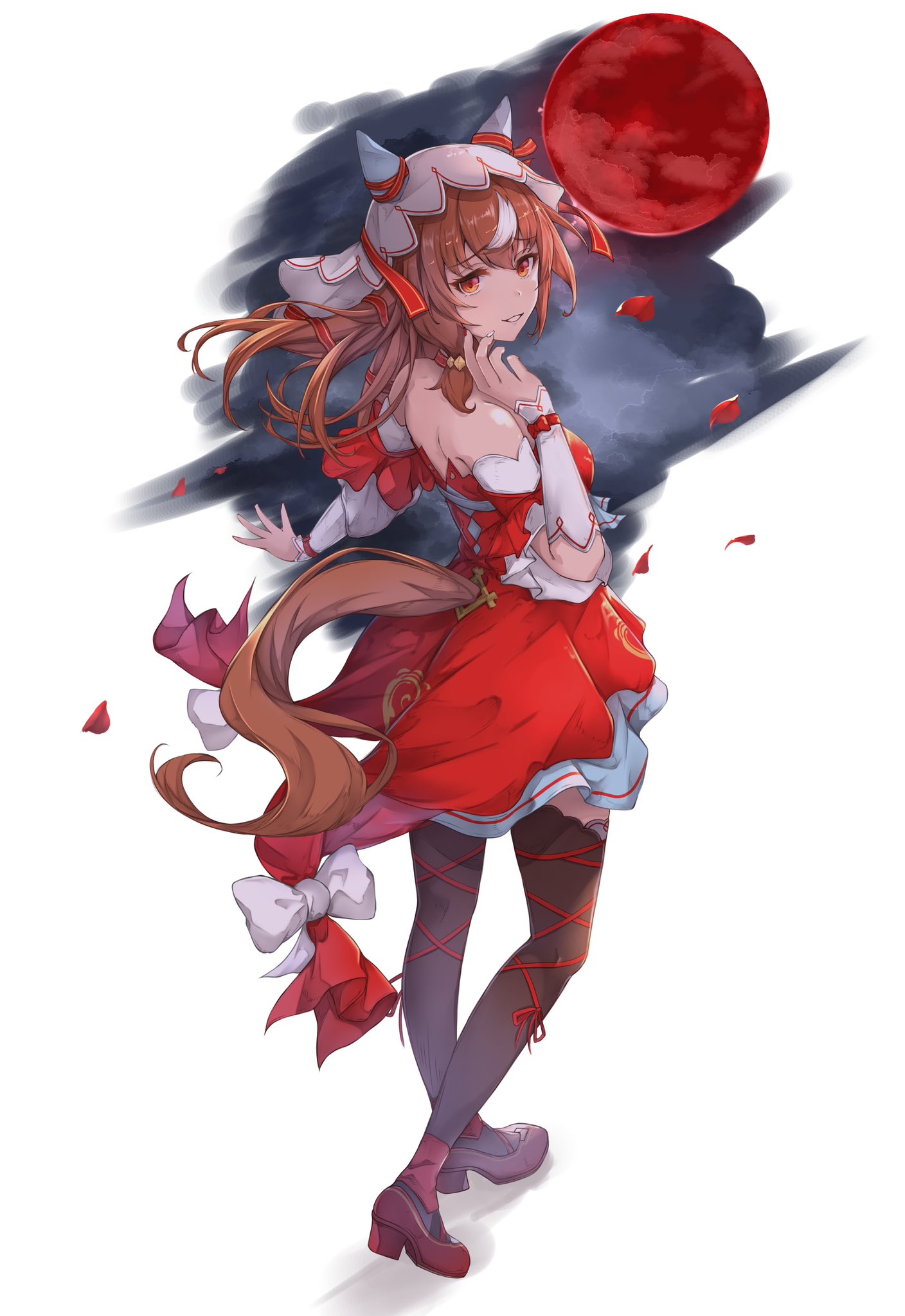 peperoncino-sama, still in love (umamusume), umamusume, highres, 1girl, animal ears, blush, breasts, detached sleeves, full body, full moon, hair between eyes, hair ornament, horse ears, horse girl, horse tail, long hair, looking at viewer, moon, petals, red eyes, red moon, small breasts, solo, standing, tail, thighhighs, veil