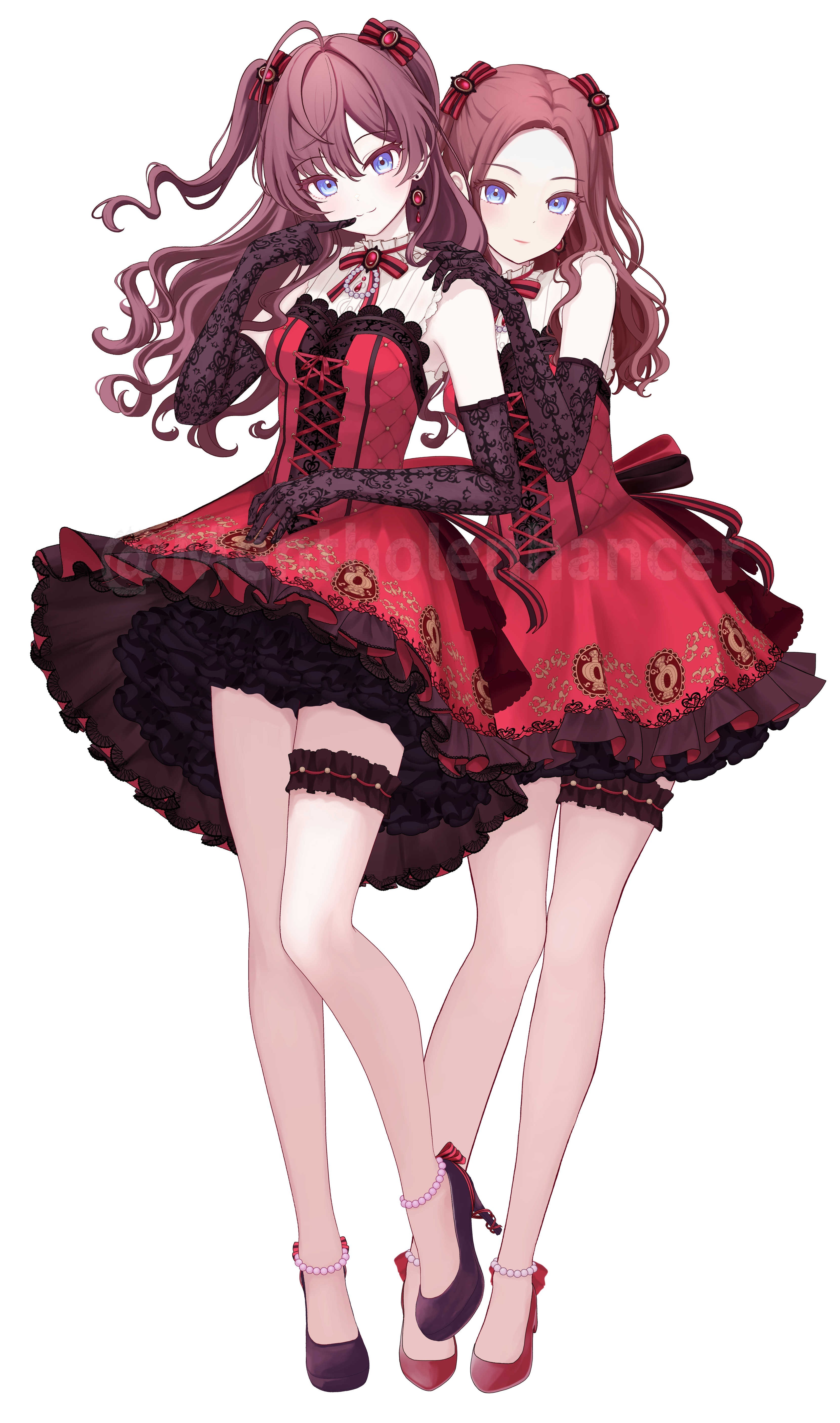 rbck, ichinose shiki, idolmaster, idolmaster cinderella girls, absurdres, highres, 2girls, ahoge, aihara kotomi, black gloves, blue eyes, blush, breasts, brown hair, dress, frilled thigh strap, full body, gloves, hand on another's shoulder, lace, lace gloves, long hair, looking at viewer, multiple girls, official alternate costume, red dress, simple background, sleeveless, sleeveless dress, small breasts, smile, thigh strap, two side up, very long hair, voice actor connection, white background