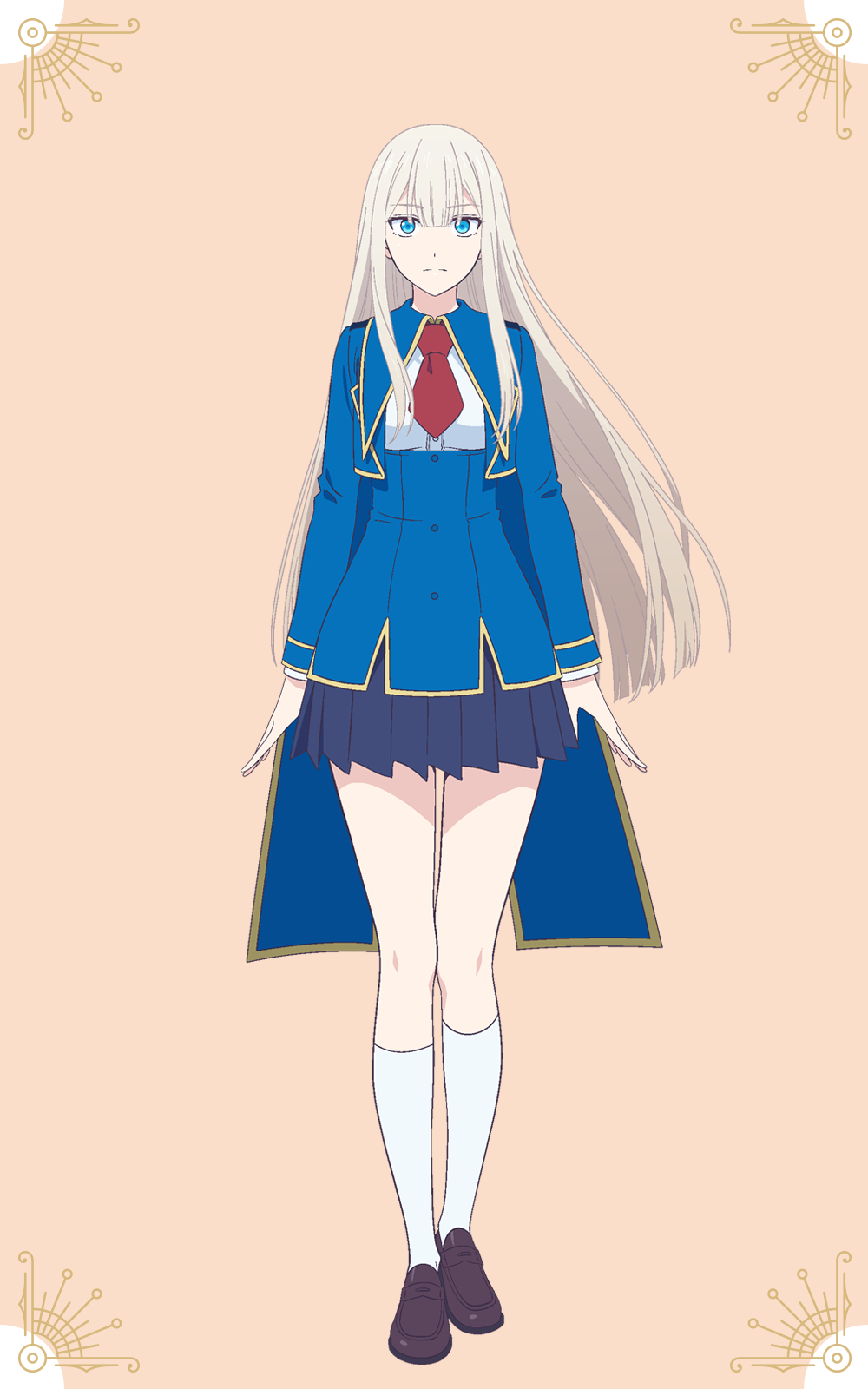 shiwasu takashi, elena kimberlight, kinsou no vermeil, highres, official art, 1girl, anime coloring, blonde hair, blue eyes, blue jacket, blue sailor collar, brown shoes, closed mouth, collared shirt, full body, grey skirt, jacket, loafers, long hair, long sidelocks, long sleeves, looking at viewer, necktie, open hands, orange background, pleated skirt, red necktie, sailor collar, school uniform, shirt, shoes, sidelocks, simple background, skirt, socks, solo, standing, tachi-e, tsurime, very long hair, white shirt, white socks