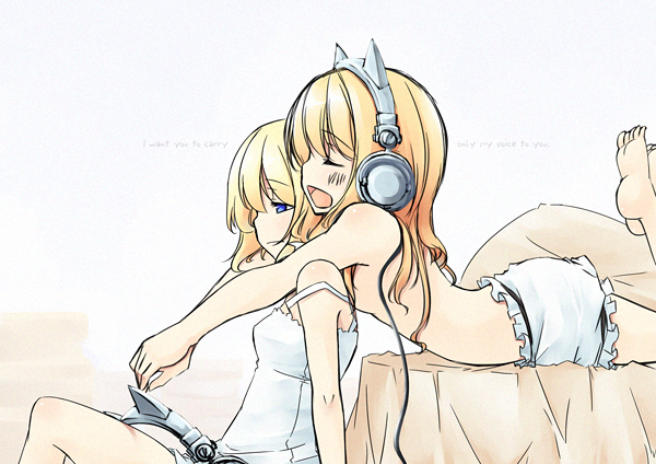 sakuraba yuuki, alice margatroid, kirisame marisa, audio-technica, touhou, hands together, reference work, 2girls, animal ear headphones, animal ears, arm support, arms around neck, bare shoulders, barefoot, bed, blonde hair, blue eyes, blush, camisole, cat ear headphones, cat ears, chemise, closed eyes, fake animal ears, female focus, flat chest, from behind, happy, headphones, headphones removed, hug, hug from behind, leg lift, leg up, legs, long hair, lying, multiple girls, on floor, on stomach, open mouth, pillow, short hair, shorts, sitting, sleepy, smile, strap slip, topless female, yawning, yuri