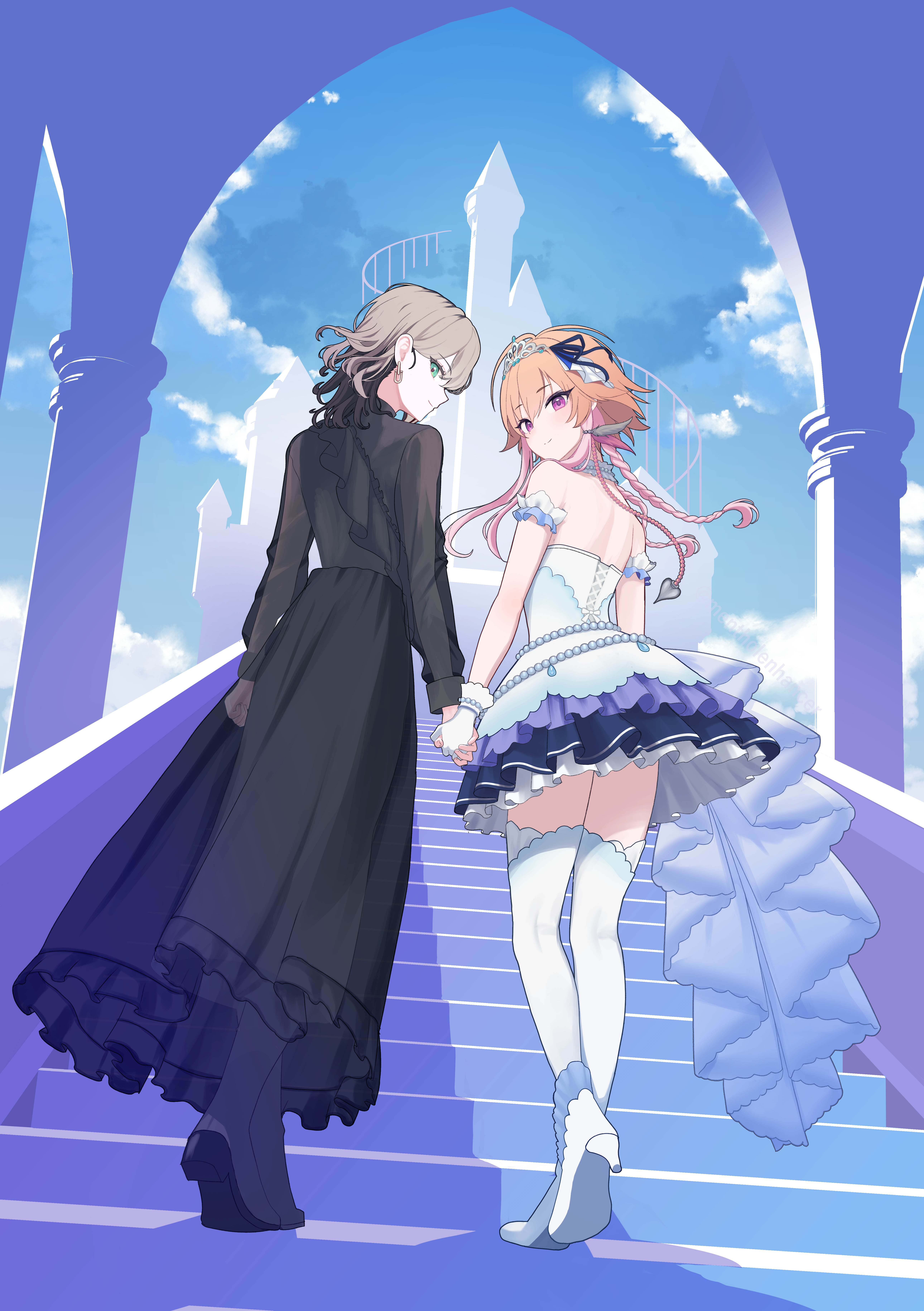 rbck, ninomiya asuka, idolmaster, idolmaster cinderella girls, absurdres, commentary request, highres, 1boy, 1girl, ahoge, aoki shiki, black dress, black shoes, brown hair, castle, dress, from behind, from below, full body, gloves, grey hair, holding hands, looking at viewer, looking back, multiple girls, on stairs, pink hair, see-through clothes, see-through sleeves, shoes, starry sky bright (idolmaster), strapless, strapless dress, thighhighs, tiara, voice actor connection, white dress, white gloves, white shoes, white thighhighs