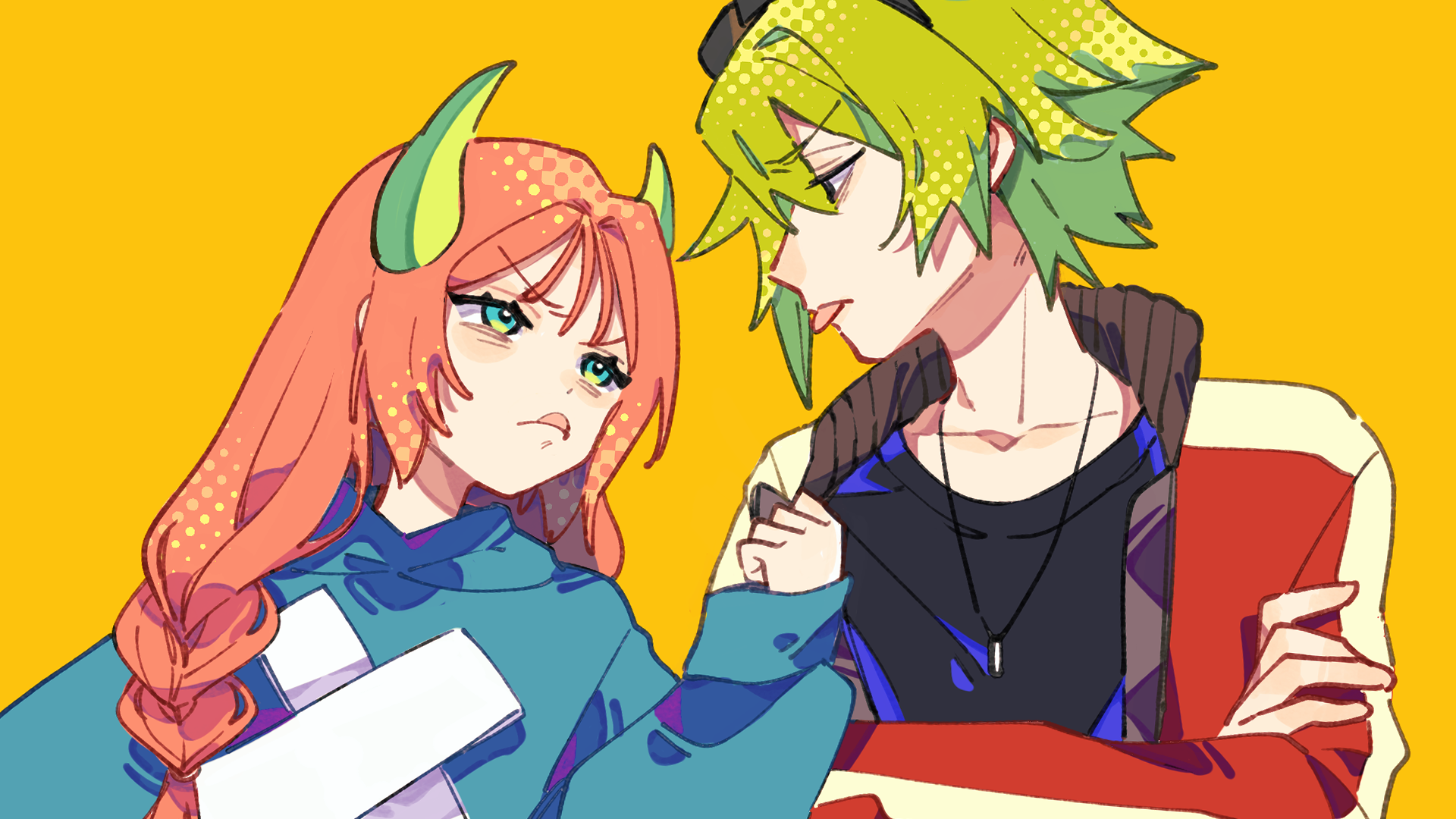 notamaru 2, original, commentary request, highres, 1boy, 1girl, ako-chan (notamaru 2), black shirt, blue eyes, blue shirt, braid, clenched hand, closed mouth, collarbone, green hair, green horns, hand up, horns, jacket, long hair, long sleeves, looking at viewer, open clothes, open jacket, orange hair, red jacket, shirt, short hair, simple background, single braid, upper body, yellow background
