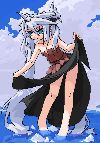 mof, mof's silver haired twintailed girl, original, aliasing, lowres, 1girl, :<, absurdly long hair, bare arms, bare legs, bare shoulders, barefoot, black ribbon, black skirt, blue eyes, closed mouth, clothes lift, cloud, cloudy sky, collarbone, day, eyes visible through hair, female focus, flat chest, full body, hair between eyes, hair ribbon, horizon, ice, lifting own clothes, long hair, long skirt, looking to the side, ocean, oekaki, outdoors, ribbon, rock, skirt, skirt lift, sky, solo, standing, strapless, tsurime, tube top, twintails, very long hair, wading, water, white hair