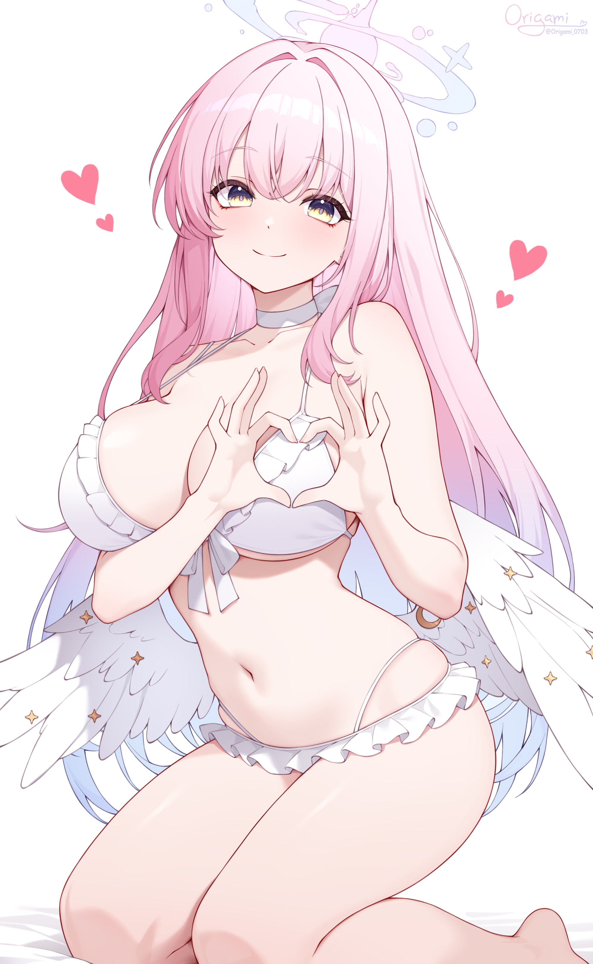 origami (poinia), mika (blue archive), blue archive, absurdres, highres, 1girl, bare shoulders, bikini, blush, breasts, choker, closed mouth, crossed bangs, feathered wings, halo, heart, heart hands, kneeling, large breasts, long hair, looking at viewer, low wings, navel, simple background, smile, solo, stomach, swimsuit, thighs, white background, white bikini, white choker, white wings, wings, yellow eyes
