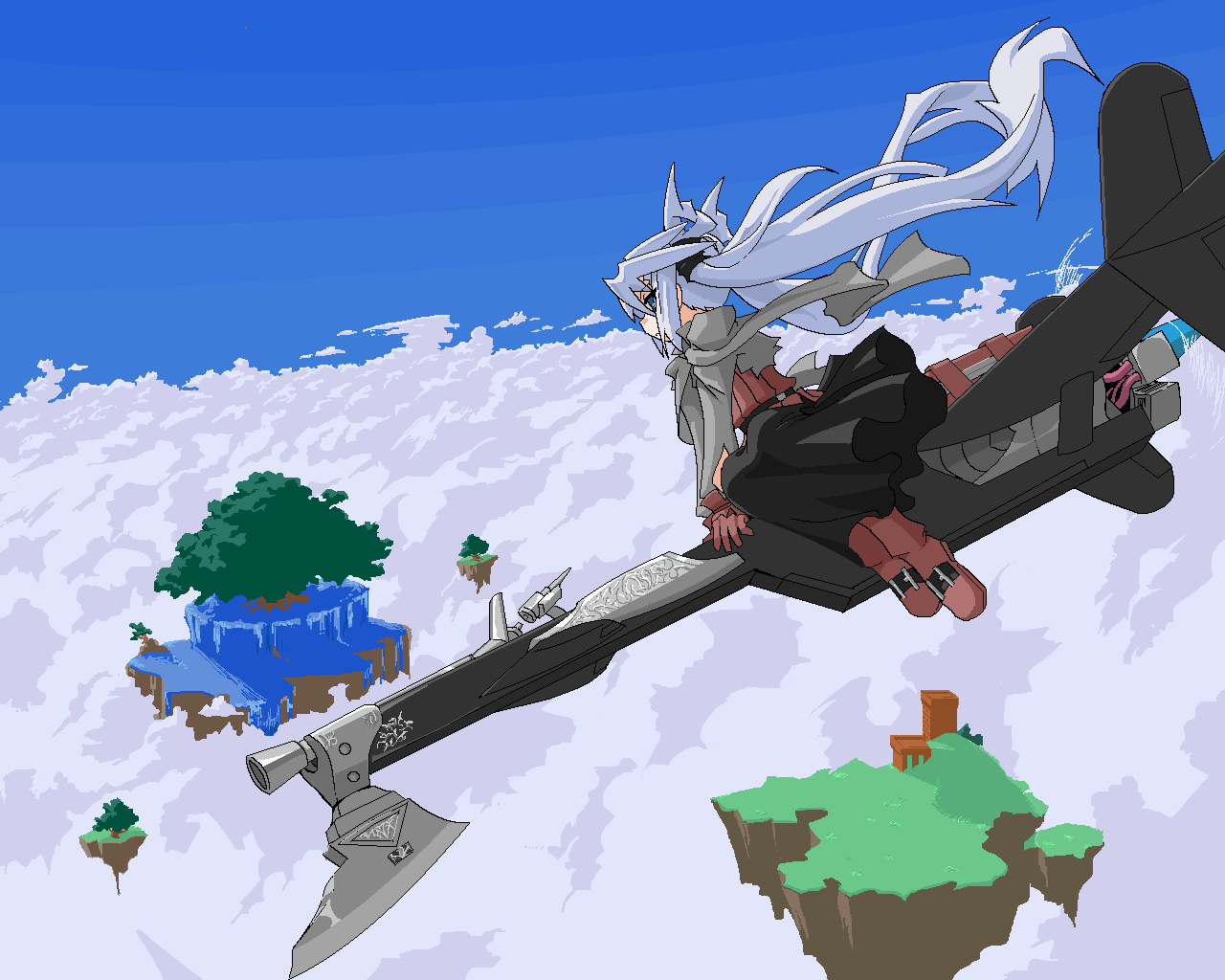 mof, mof's silver haired twintailed girl, original, silver hair, 1girl, bayonet, black dress, black ribbon, blue eyes, blue sky, boots, broom, broom riding, capelet, cloud, cloudy sky, day, dress, female focus, floating island, flying, gun, long hair, oekaki, red boots, red shirt, ribbon, riding, rifle, shirt, sidesaddle, sitting, sky, solo, tree, twintails, very long hair, weapon