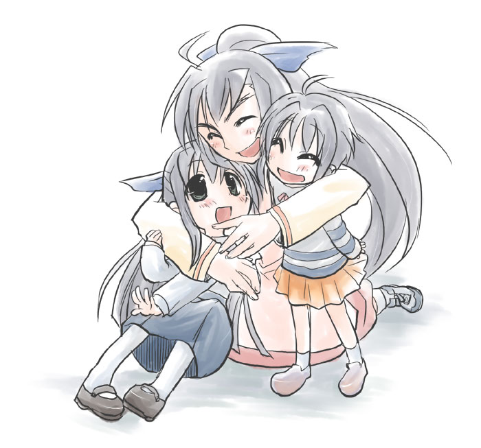 kajikawa yahiro, ginga nakajima, quint nakajima, subaru nakajima, lyrical nanoha, mahou shoujo lyrical nanoha, mahou shoujo lyrical nanoha strikers, 00s, 3girls, closed eyes, happy, hug, kneeling, mother and daughter, multiple girls, pantyhose, siblings, sisters