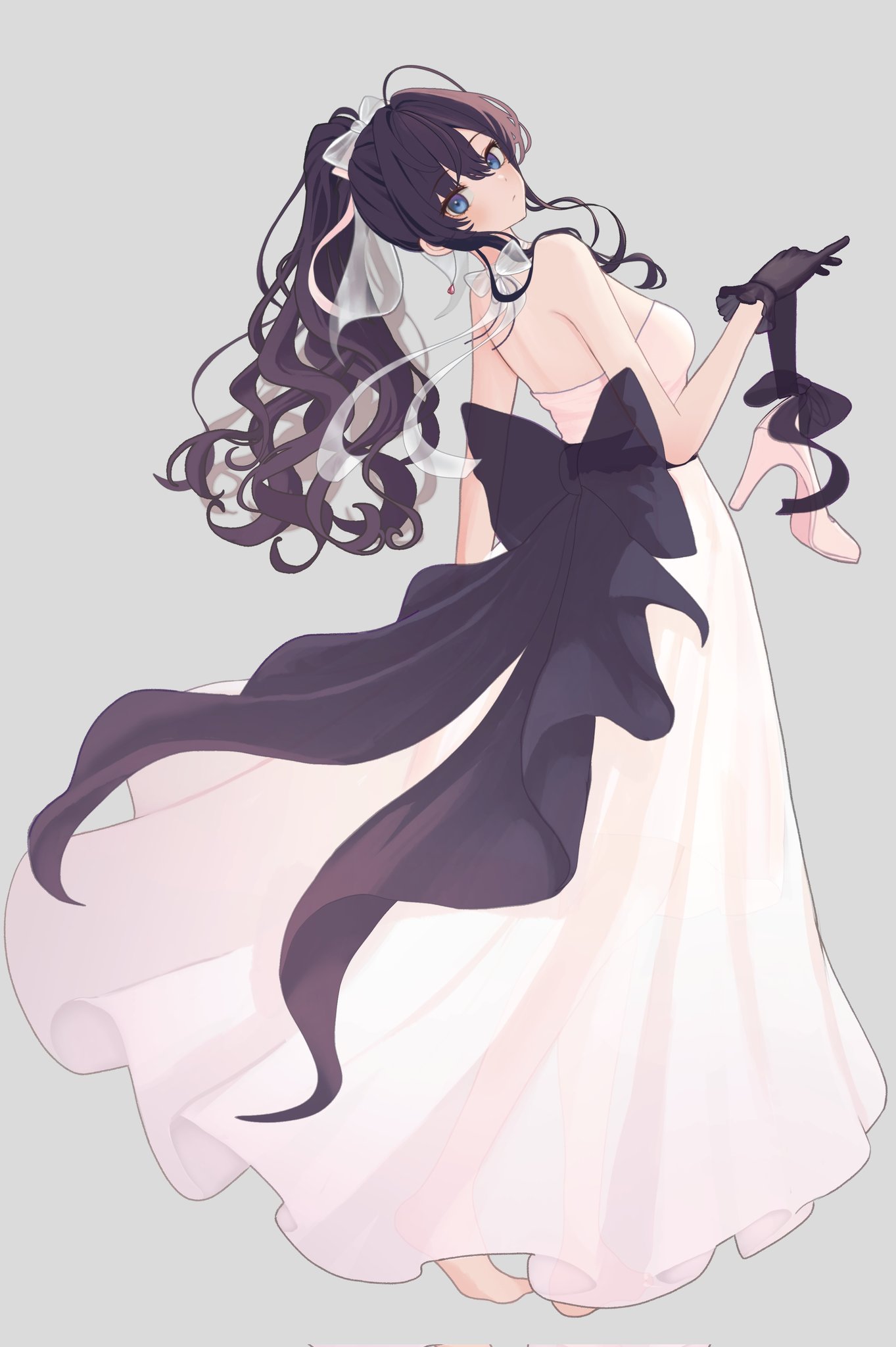 rbck, ichinose shiki, idolmaster, idolmaster cinderella girls, commentary request, highres, 1girl, ahoge, back bow, barefoot, black bow, black gloves, blue eyes, blush, bow, brown hair, dress, full body, gloves, hair bow, looking at viewer, looking to the side, median furrow, ponytail, shoes, simple background, solo, strapless, strapless dress, unworn shoes, white background, white bow, white dress