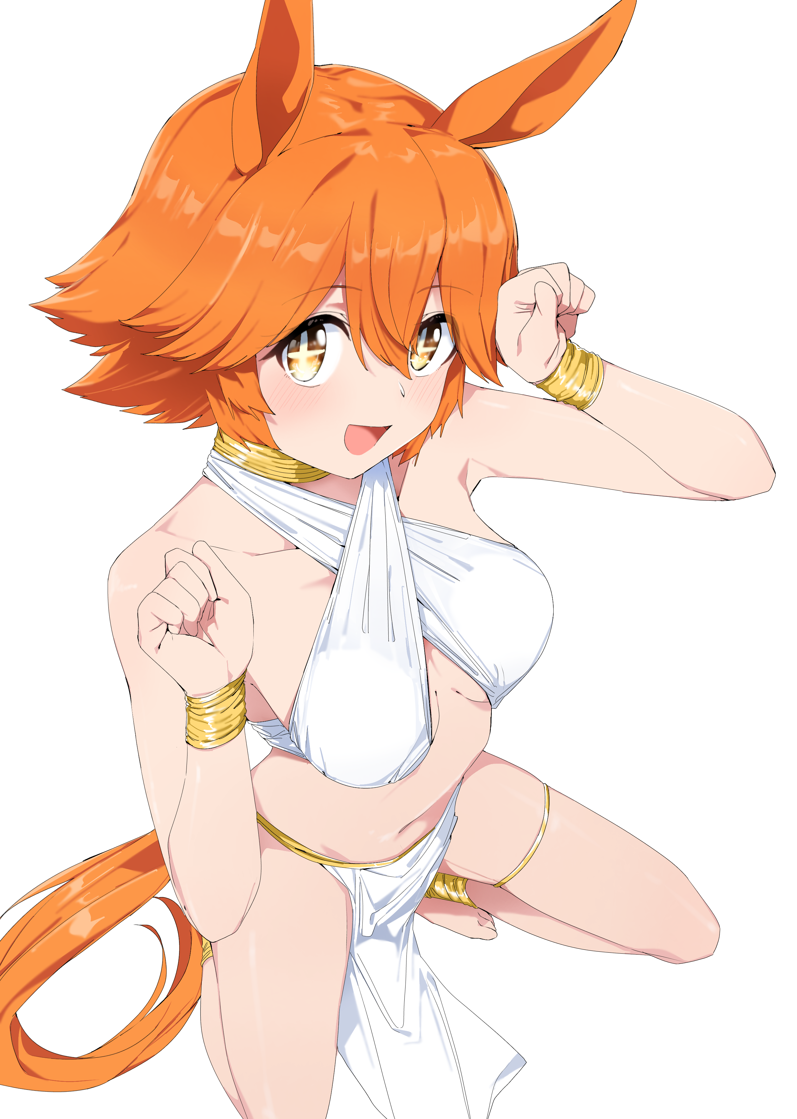 nerukichikatafukuma, matikanefukukitaru (umamusume), mile, umamusume, absurdres, commentary request, highres, 1girl, animal ears, horse ears, horse girl, horse tail, looking at viewer, open mouth, orange hair, short hair, simple background, solo, squatting, tail, white background, yellow eyes