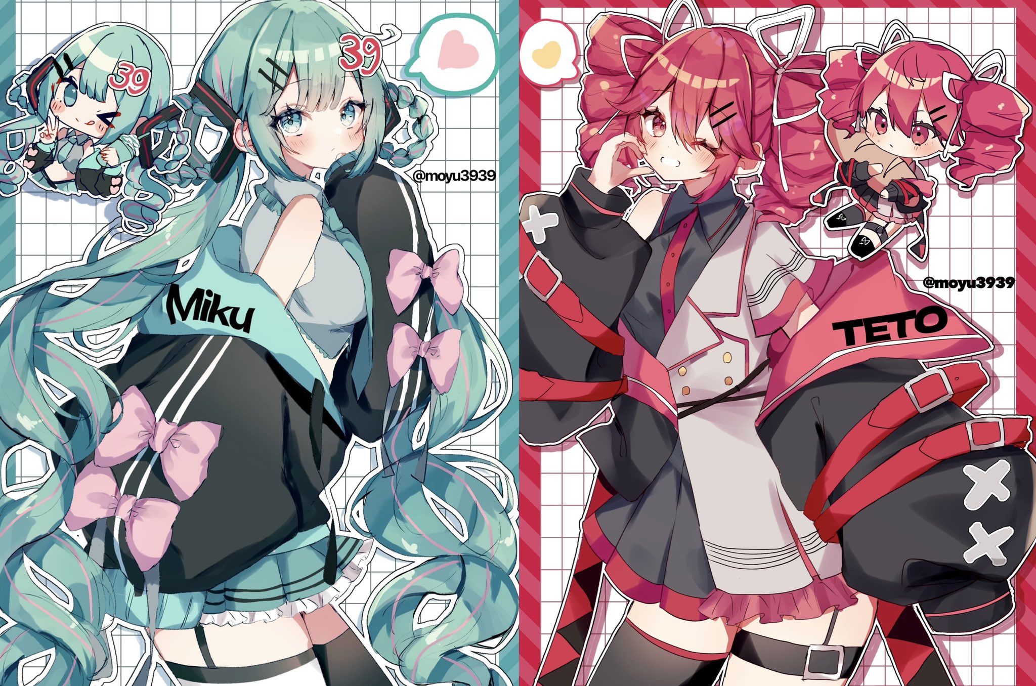 moyuko (rin miku39), hatsune miku, kasane teto, utau, vocaloid, commentary, highres, > o, 2girls, 39, ;q, bare shoulders, black jacket, black shirt, black skirt, black thighhighs, blue border, blue eyes, blue hair, blue necktie, blush, border, bow, braid, braided hair rings, chibi, closed mouth, collared shirt, cowboy shot, double-parted bangs, drill hair, frilled skirt, frills, green skirt, grey shirt, grid background, grin, hair between eyes, hair ornament, hair rings, hairclip, hand up, heart, jacket, long hair, long sleeves, looking at viewer, multiple girls, necktie, off shoulder, one eye closed, open clothes, open jacket, outline, parallel hairclips, pink bow, pleated skirt, red border, red eyes, red hair, shirt, short hair, single thighhigh, skirt, sleeve bow, sleeveless, sleeveless shirt, smile, spoken heart, thigh strap, thighhighs, tongue, tongue out, twin drills, twintails, white background, white outline