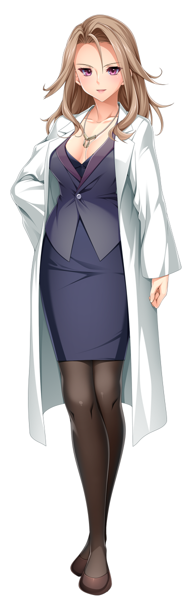 kamitsurugi ouka, itakano ichika, kouyoku senki exs-tia concert, game cg, highres, non-web source, official art, variant set, 1girl, black pantyhose, blue skirt, breasts, brown hair, cleavage, closed mouth, coat, collarbone, earrings, formal clothes, full body, hair between eyes, hair intakes, hand on own hip, high heels, jacket, jewelry, lab coat, large breasts, long hair, long sleeves, looking at viewer, miniskirt, mole, necklace, open clothes, pantyhose, pencil skirt, pumps, purple eyes, purple skirt, shoes, skirt, skirt suit, smile, solo, standing, suit, tachi-e, transparent background, vest, white coat