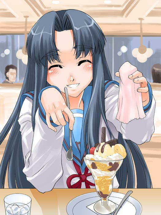 shinama, asakura ryoko, suzumiya haruhi no yuuutsu, 00s, closed eyes, food, ice cream, school uniform, serafuku, smile, solo
