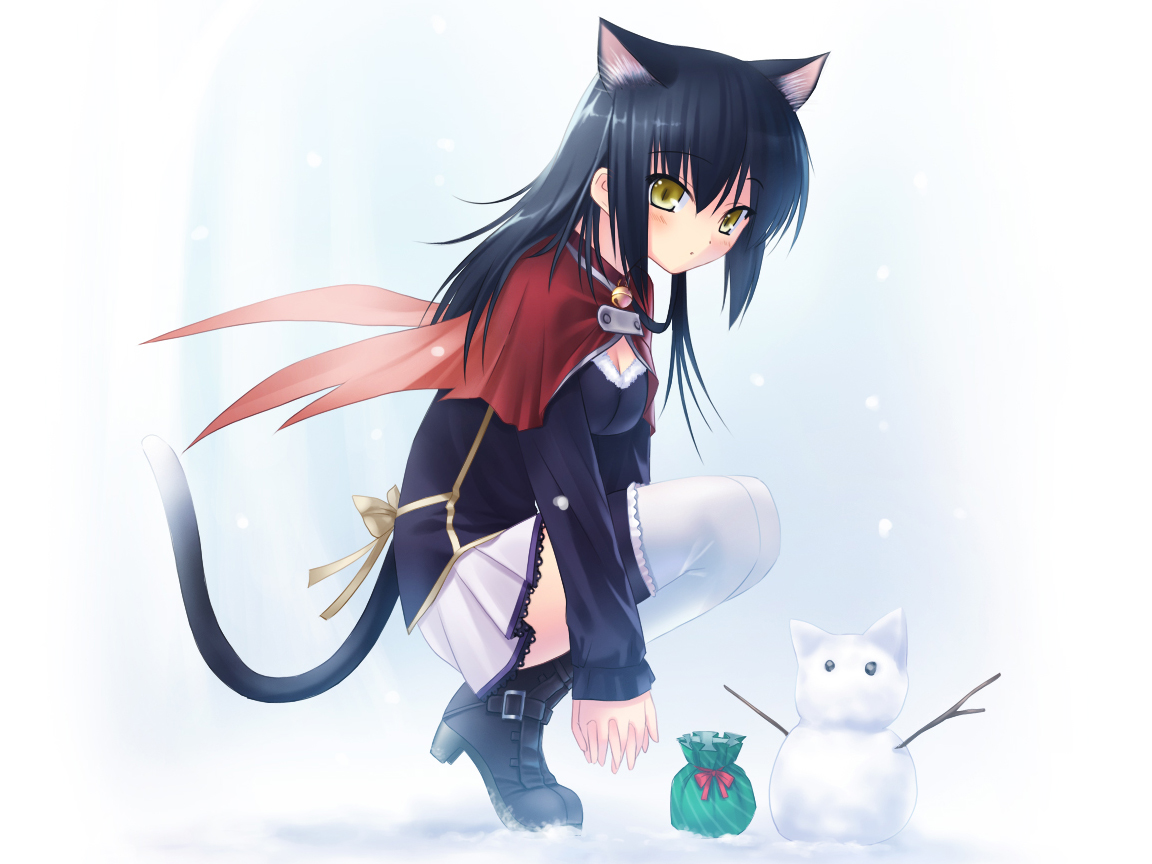 na-ga, 1girl, animal ears, bell, cat ears, cat tail, female focus, long hair, skirt, snowman, solo, tail, thighhighs, yellow eyes, zettai ryouiki